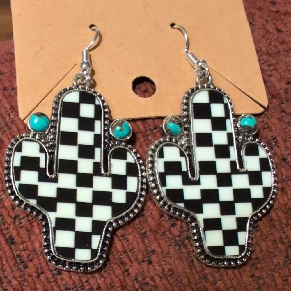 Southwestern Checkered Cactus Earrings with Turquoise Accents
